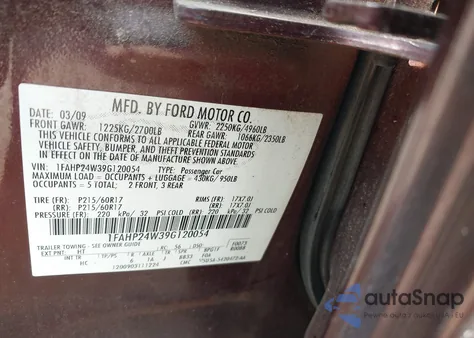 2009 Ford Taurus Sel из США, поврежденный, VIN 1FAHP24W39G120054